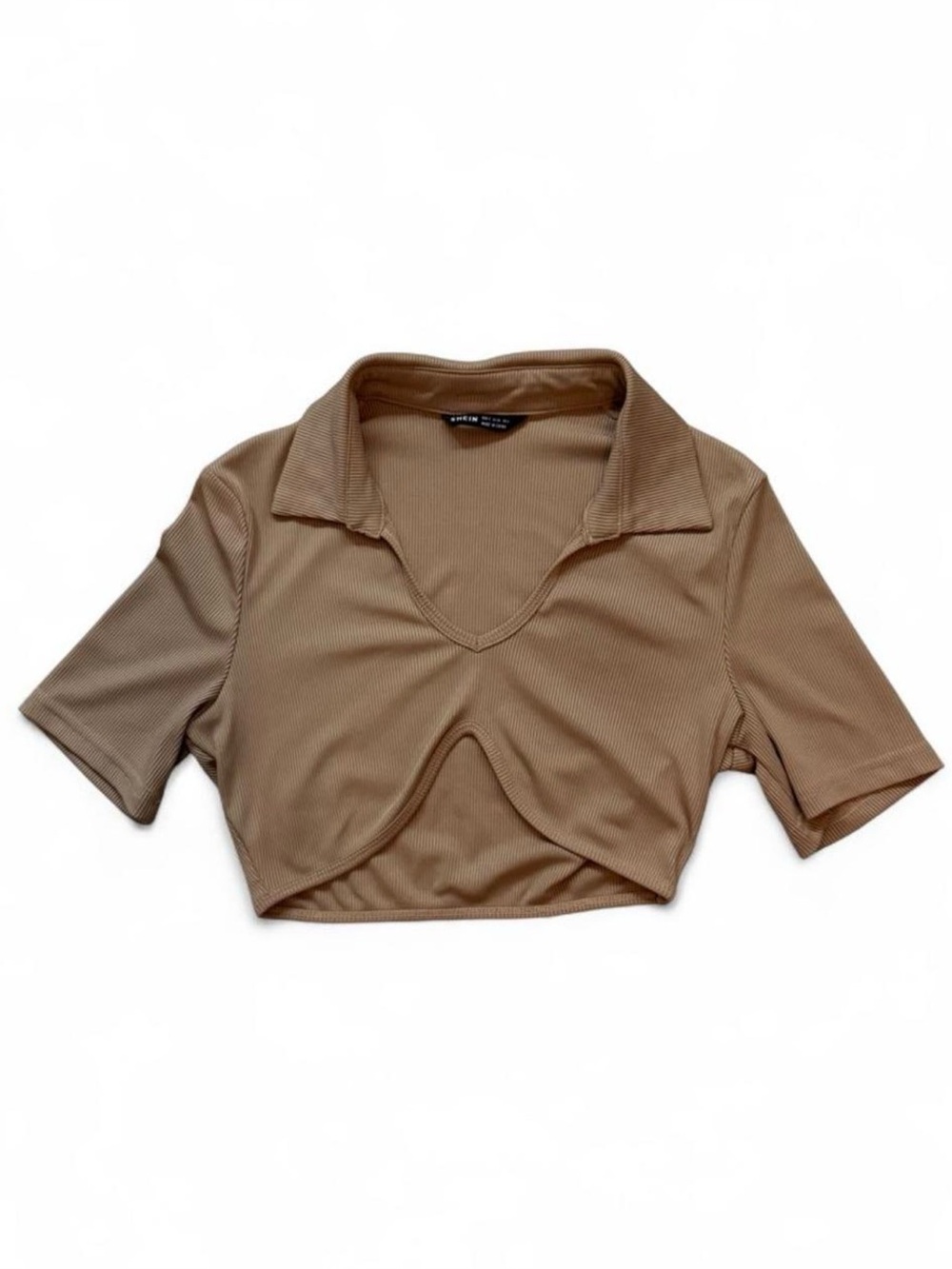 Brown Tan Collared Front Hem Cropped Top